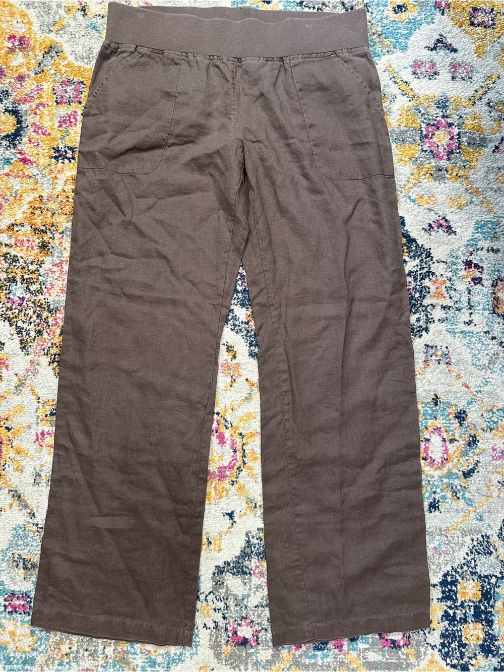 Allen Allen USA Womens Brown 100% Linen Knit Waist Wide Leg Pants Size L